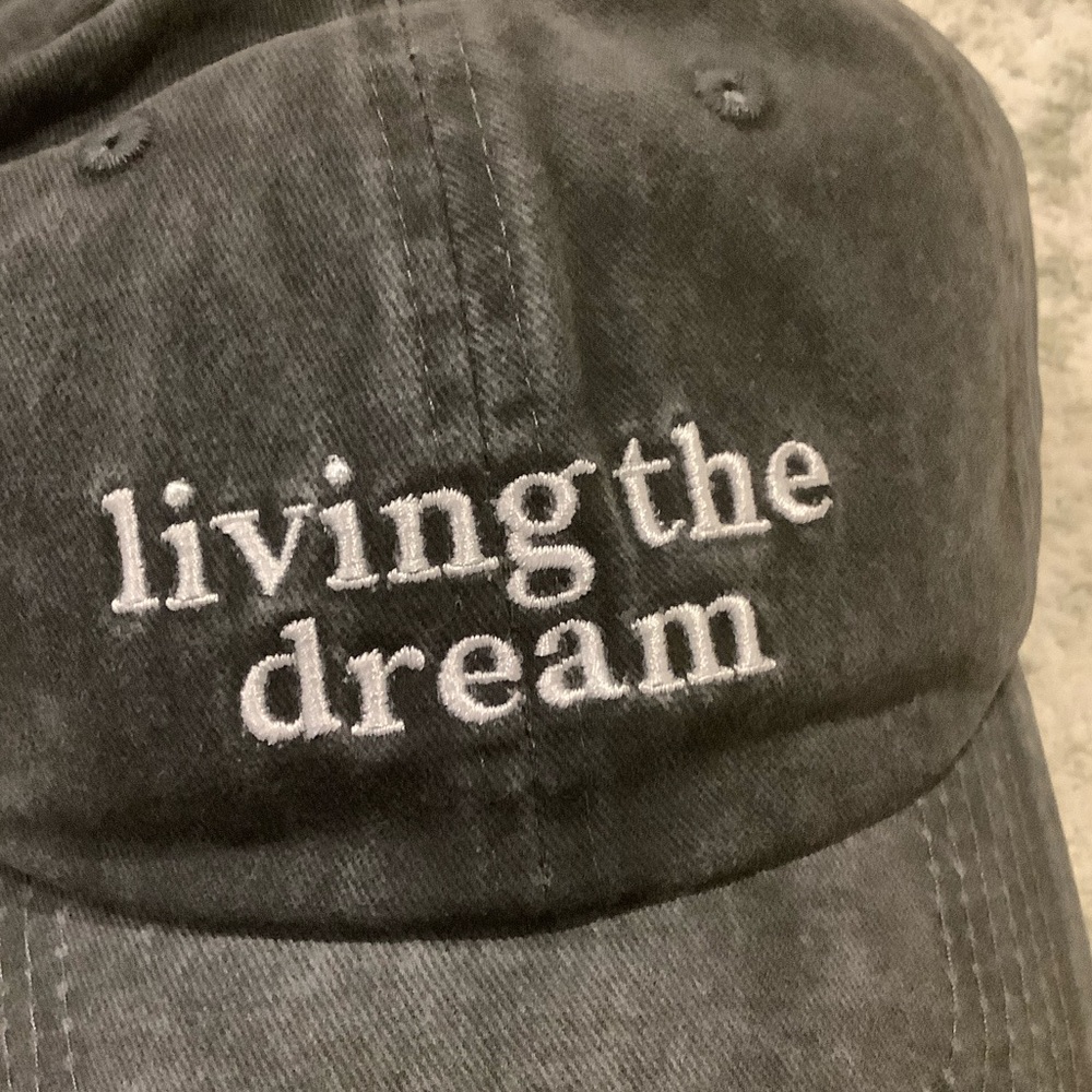 Black Stonewashed Distressed  'Living the Dream' Baseball Cap NWT Cotton - Picture 14 of 16